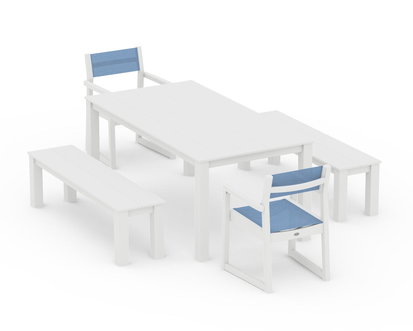 POLYWOOD EDGE Sling Arm Chair 5-Piece Parsons Dining Set with Benches — White / Poolside Sling