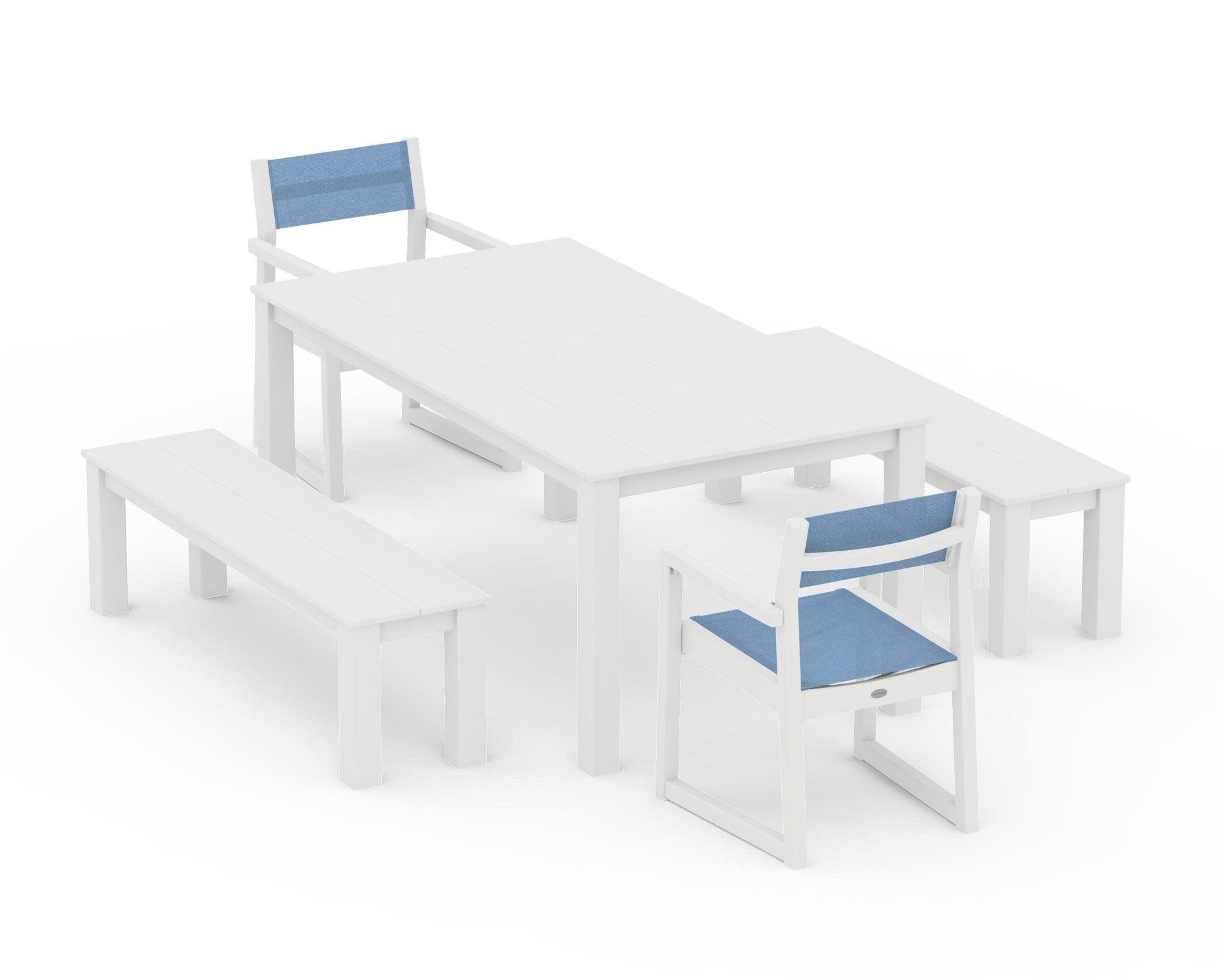 POLYWOOD EDGE Sling Arm Chair 5-Piece Parsons Dining Set with Benches — White / Poolside Sling