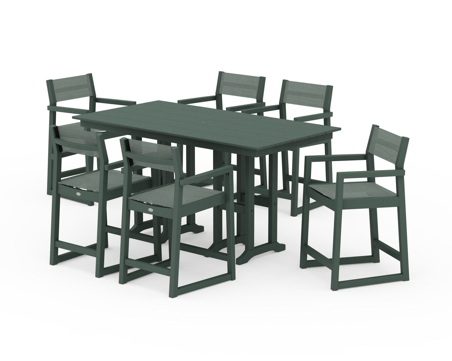 POLYWOOD EDGE Sling Arm Chair 7-Piece Farmhouse Counter Set — Green / Dupioni Sea Mist Sling