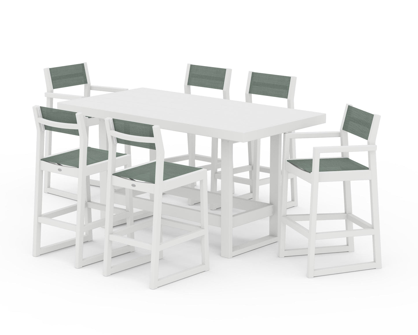POLYWOOD EDGE Sling 7-Piece Bar Table Set — White / Dupioni Sea Mist Sling