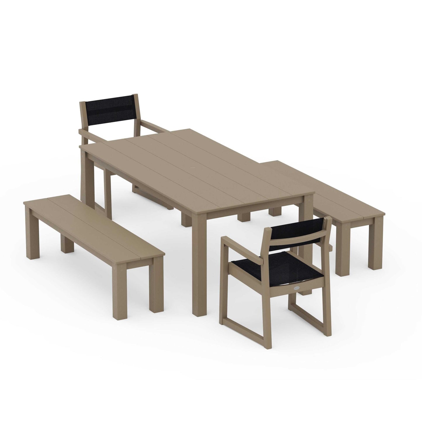 POLYWOOD EDGE Sling Arm Chair 5-Piece Parsons Dining Set with Benches — Vintage Sahara / Black Sling