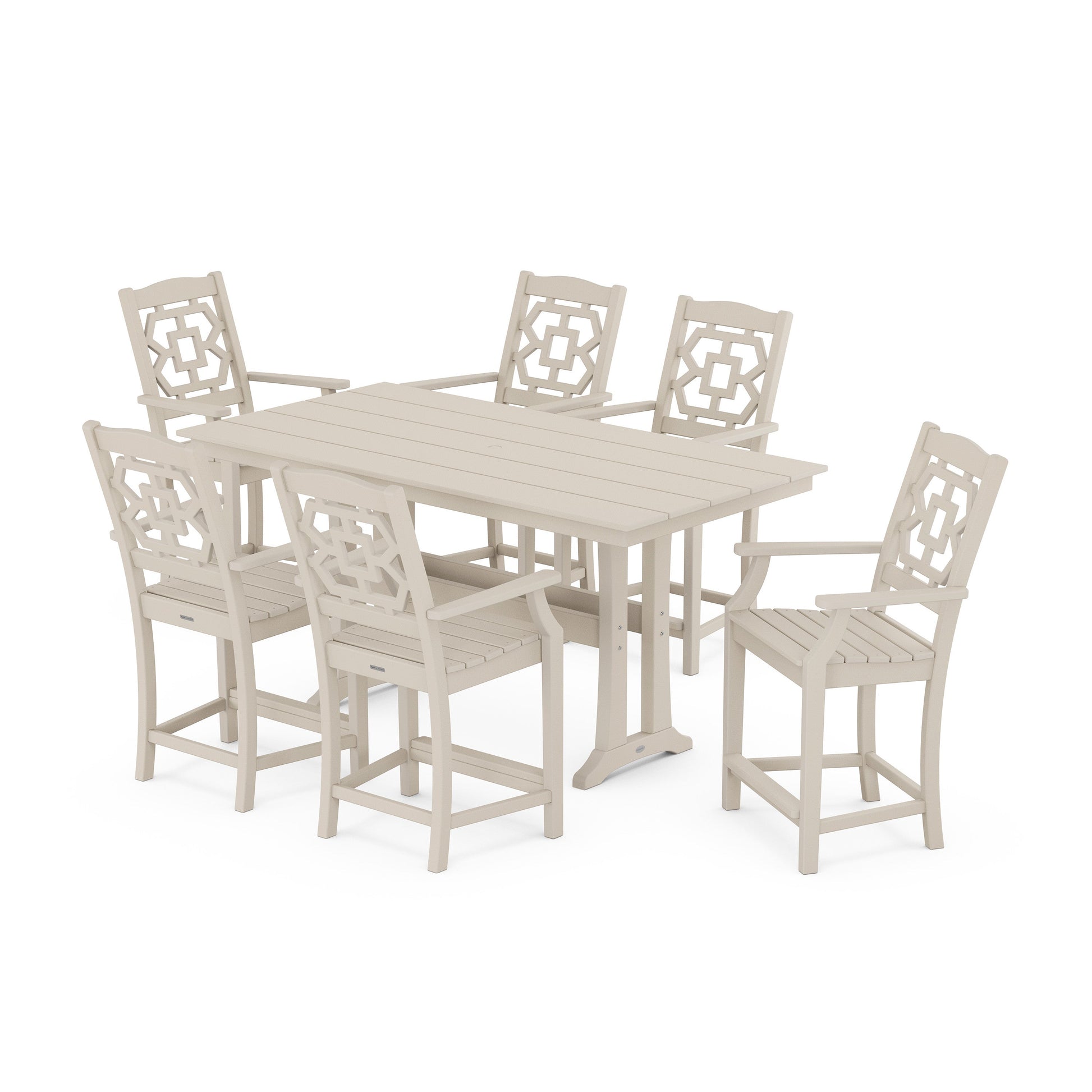 POLYWOOD Chinoiserie Arm Chair 7-Piece Farmhouse Counter Set with Trestle Legs — Sand