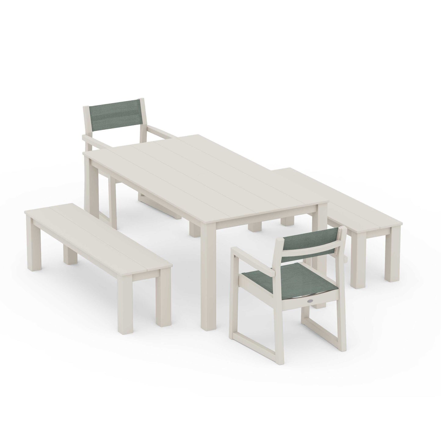 POLYWOOD EDGE Sling Arm Chair 5-Piece Parsons Dining Set with Benches — Sand / Dupioni Sea Mist Sling