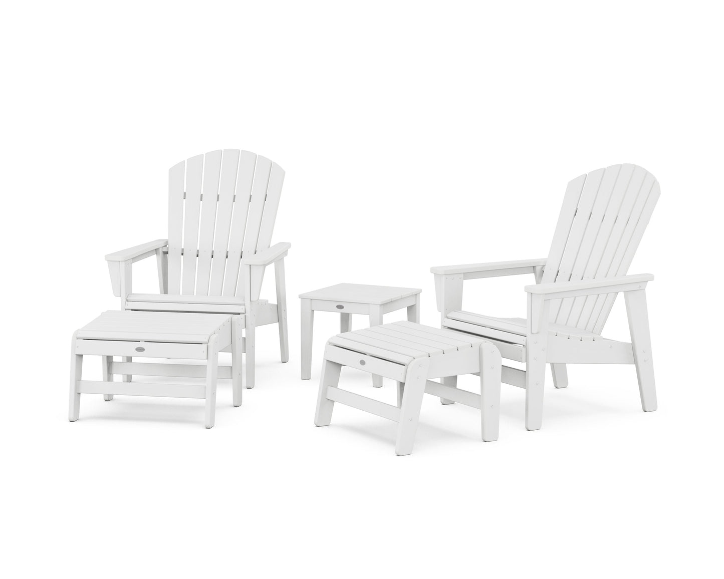 POLYWOOD 5-Piece Nautical Grand Upright Adirondack Set with Ottomans and Side Table — White