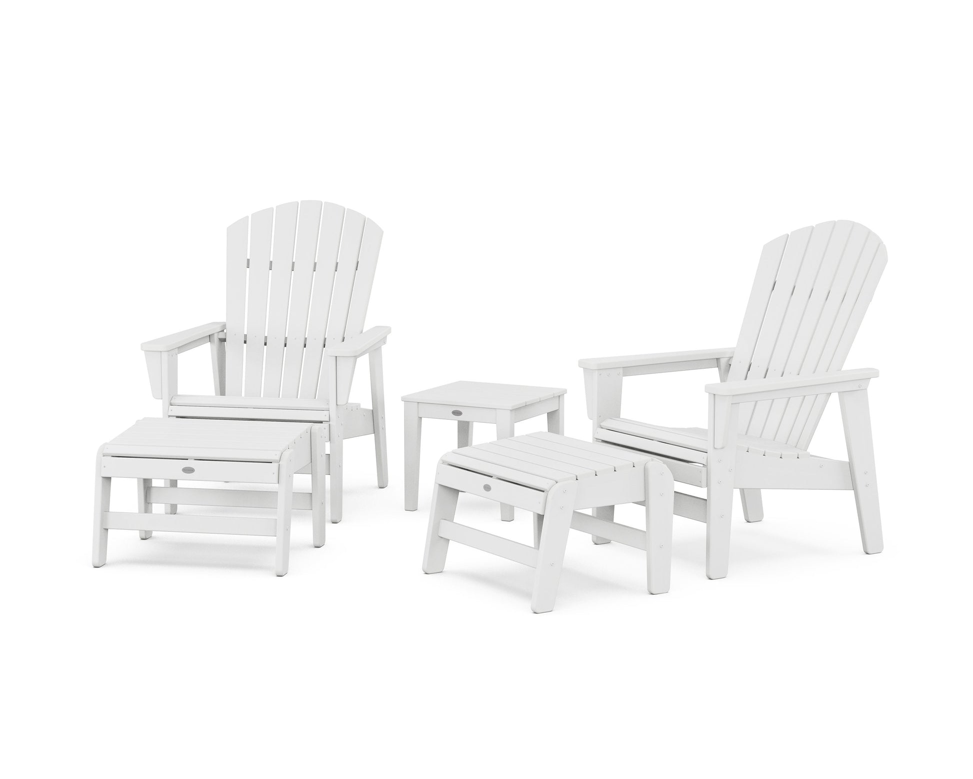 POLYWOOD 5-Piece Nautical Grand Upright Adirondack Set with Ottomans and Side Table — White