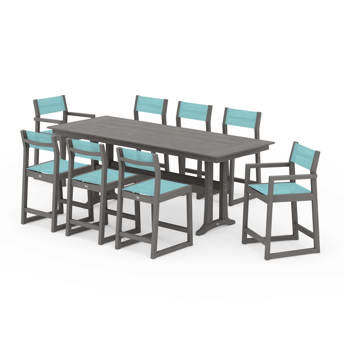 POLYWOOD EDGE Sling 9-Piece Farmhouse Counter Set with Trestle Legs — Driftwood / Dupioni Aquamarine Sling
