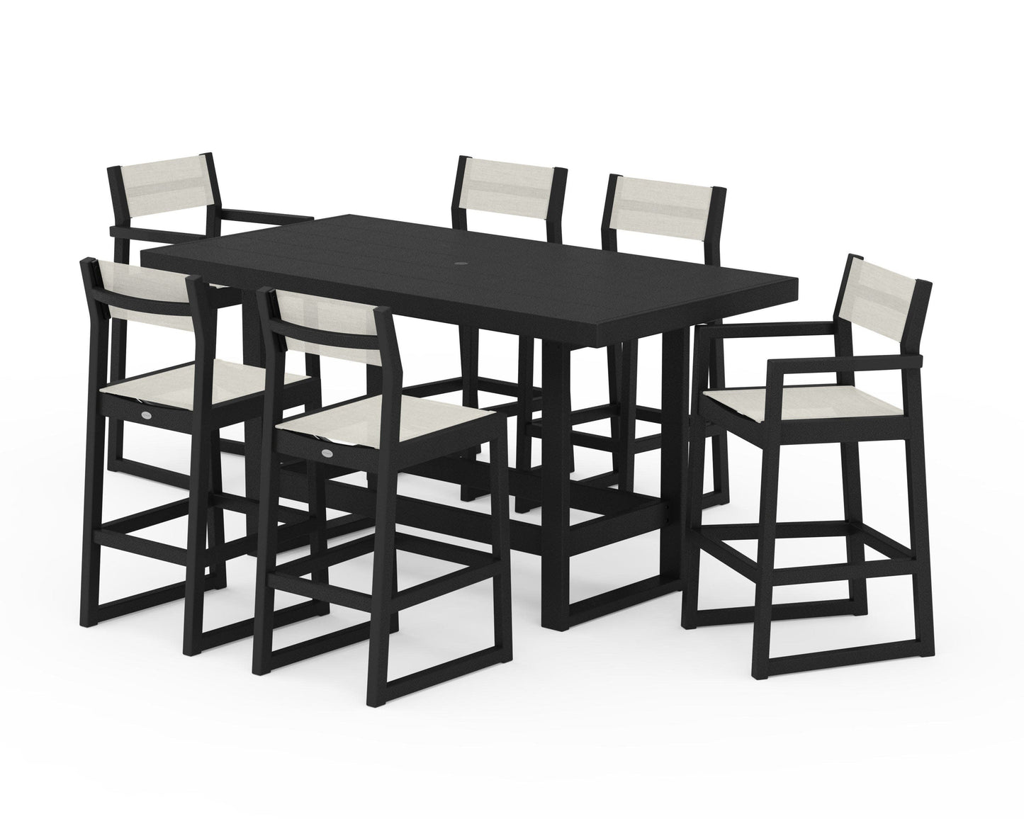 POLYWOOD EDGE Sling 7-Piece Bar Table Set — Black / Parchment Sling