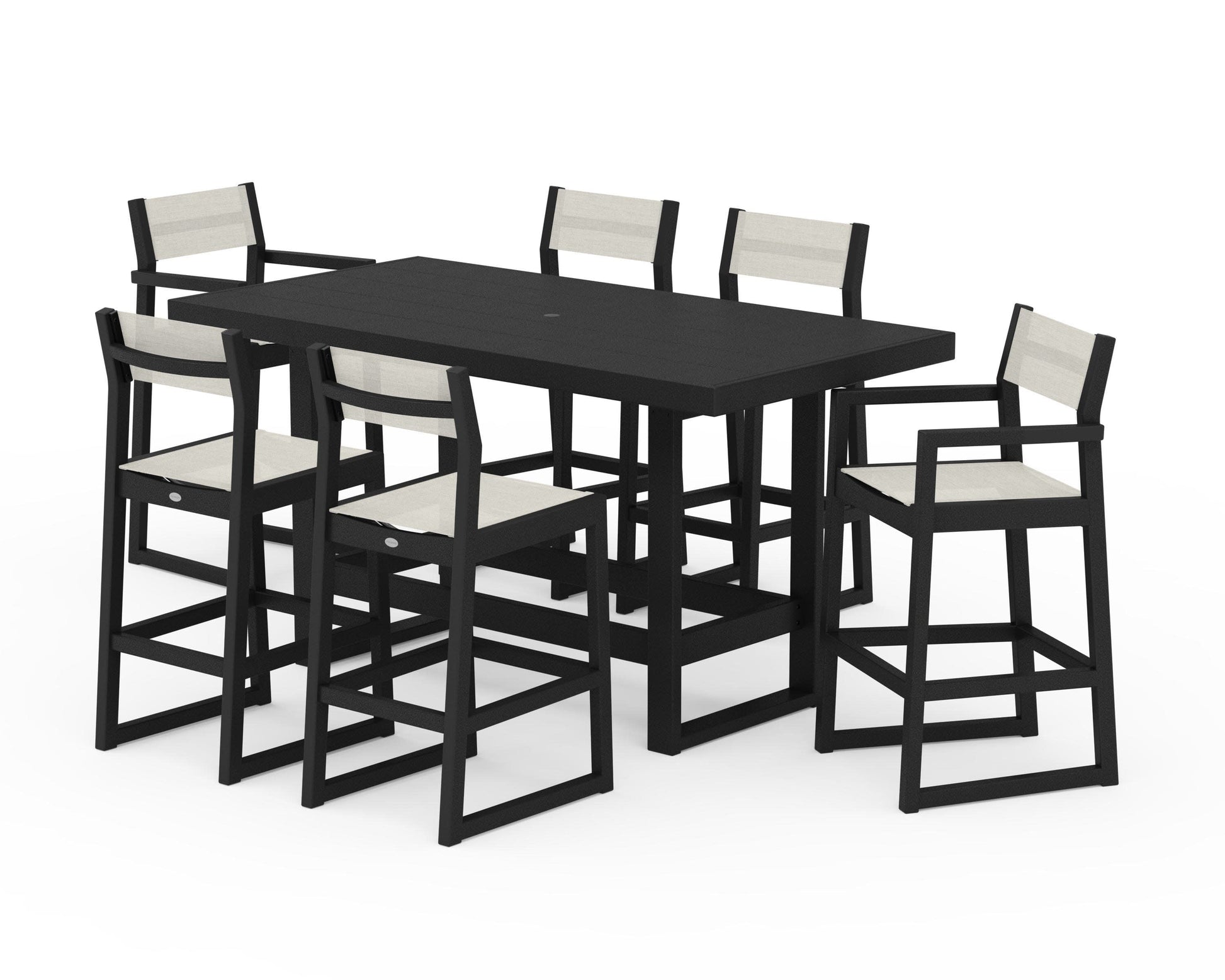POLYWOOD EDGE Sling 7-Piece Bar Table Set — Black / Parchment Sling