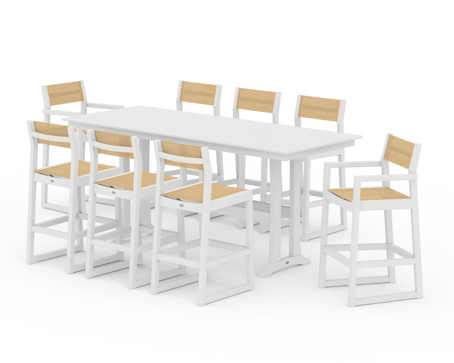 POLYWOOD EDGE Sling 9-Piece Farmhouse Bar Set with Trestle Legs — White / Dupioni Apricot Sling