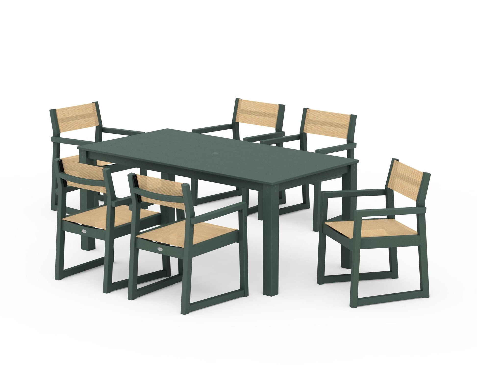 POLYWOOD EDGE Sling Arm Chair 7-Piece Parsons Dining Set — Green / Dupioni Apricot Sling
