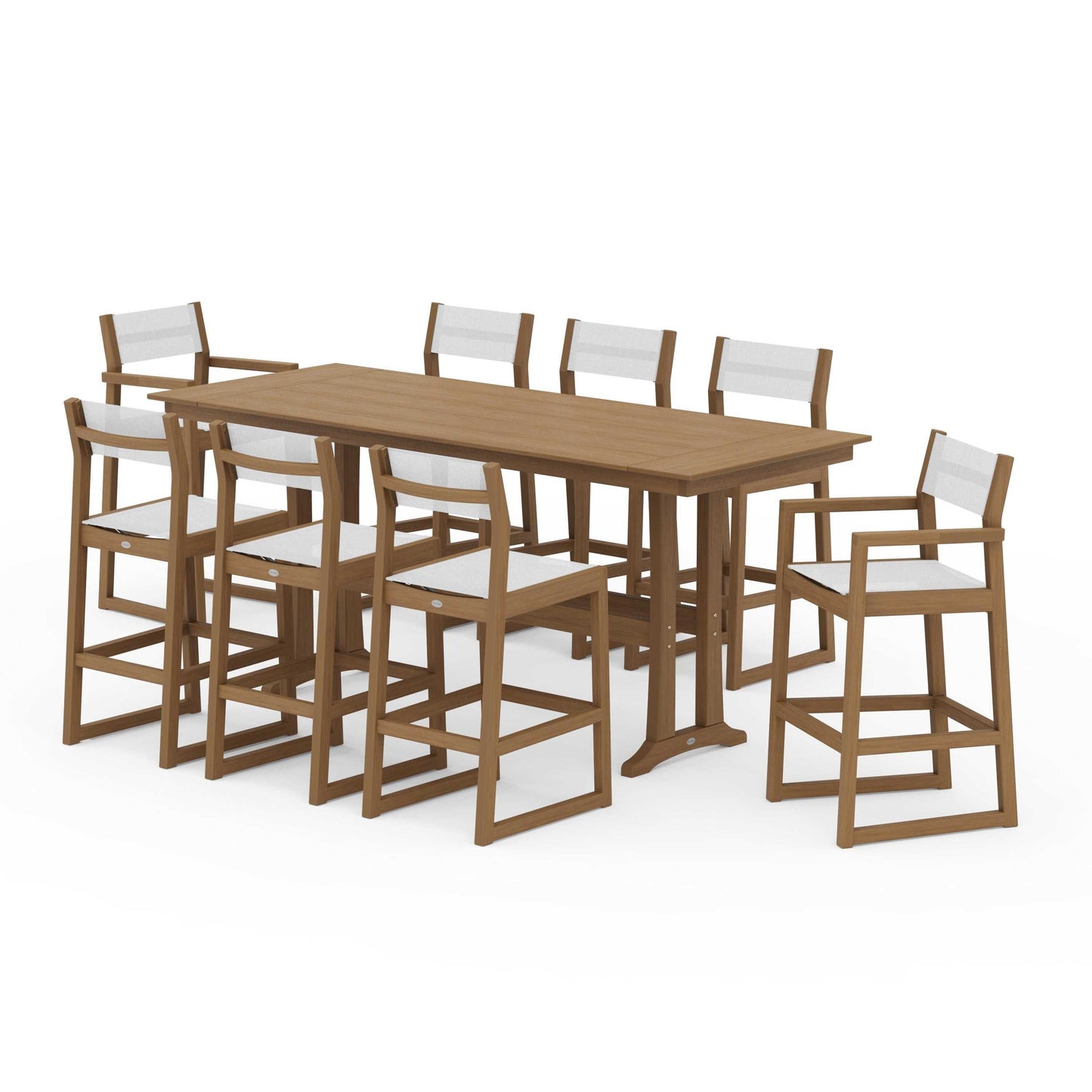 POLYWOOD EDGE Sling 9-Piece Farmhouse Bar Set with Trestle Legs — Natural / White Sling
