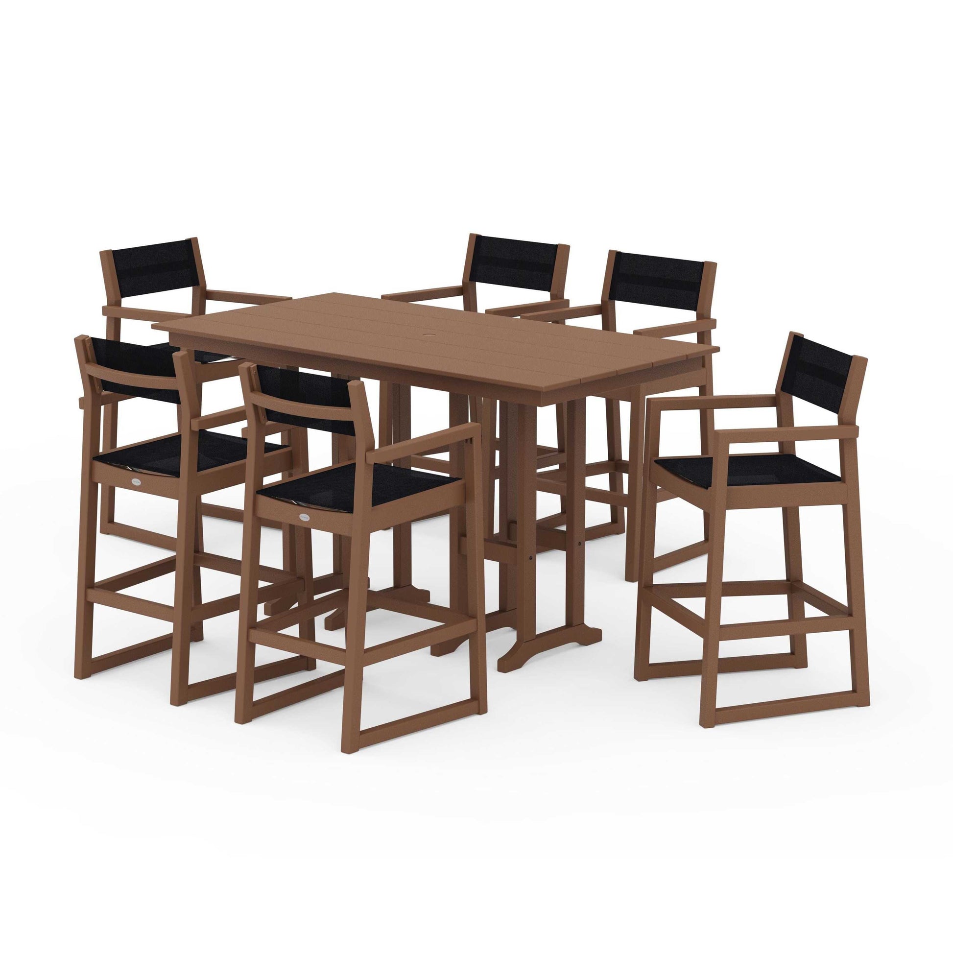POLYWOOD EDGE Sling Arm Chair 7-Piece Farmhouse Bar Set — Teak / Black Sling