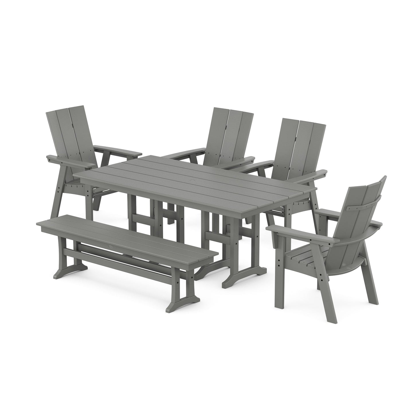 POLYWOOD Modern Curveback Adirondack 6-Piece Farmhouse Dining Set with Bench — Slate Grey