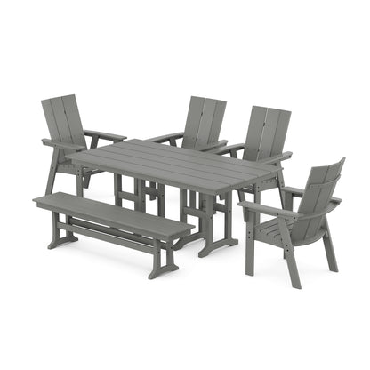 POLYWOOD Modern Curveback Adirondack 6-Piece Farmhouse Dining Set with Bench — Slate Grey
