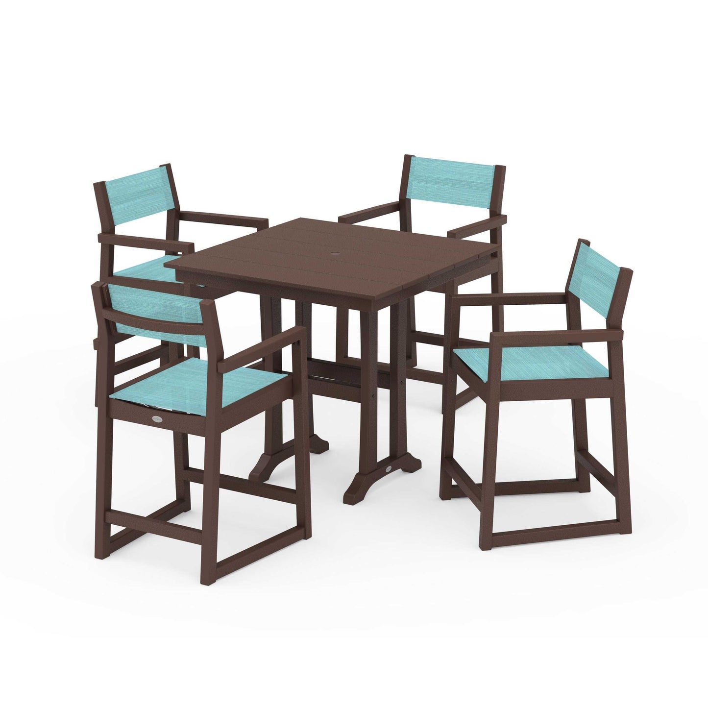 POLYWOOD EDGE Sling Arm Chair 5-Piece Farmhouse Counter Set with Trestle Legs — Mahogany / Dupioni Aquamarine Sling