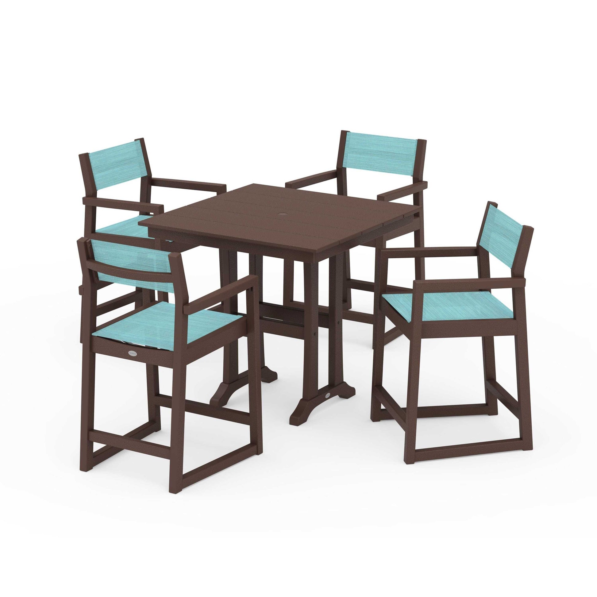 POLYWOOD EDGE Sling Arm Chair 5-Piece Farmhouse Counter Set with Trestle Legs — Mahogany / Dupioni Aquamarine Sling
