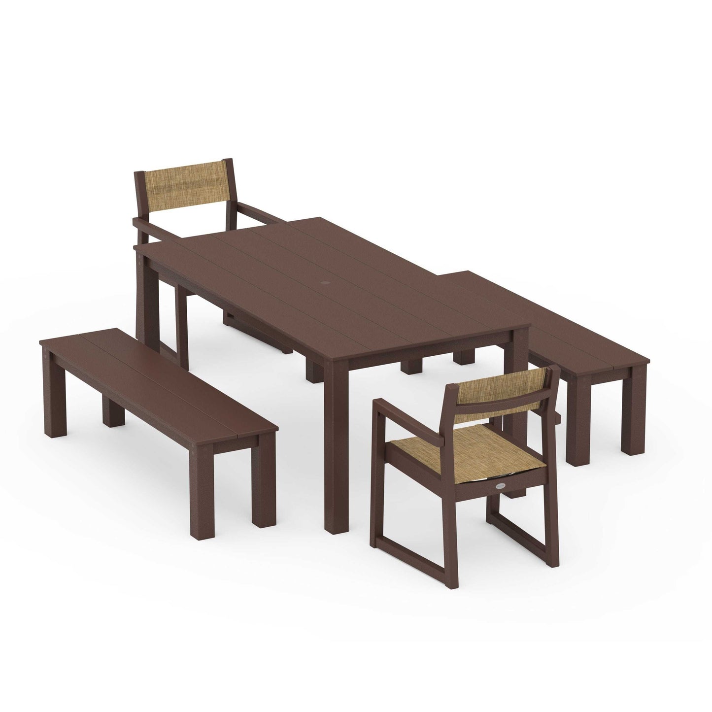 POLYWOOD EDGE Sling Arm Chair 5-Piece Parsons Dining Set with Benches — Mahogany / Burlap Sling