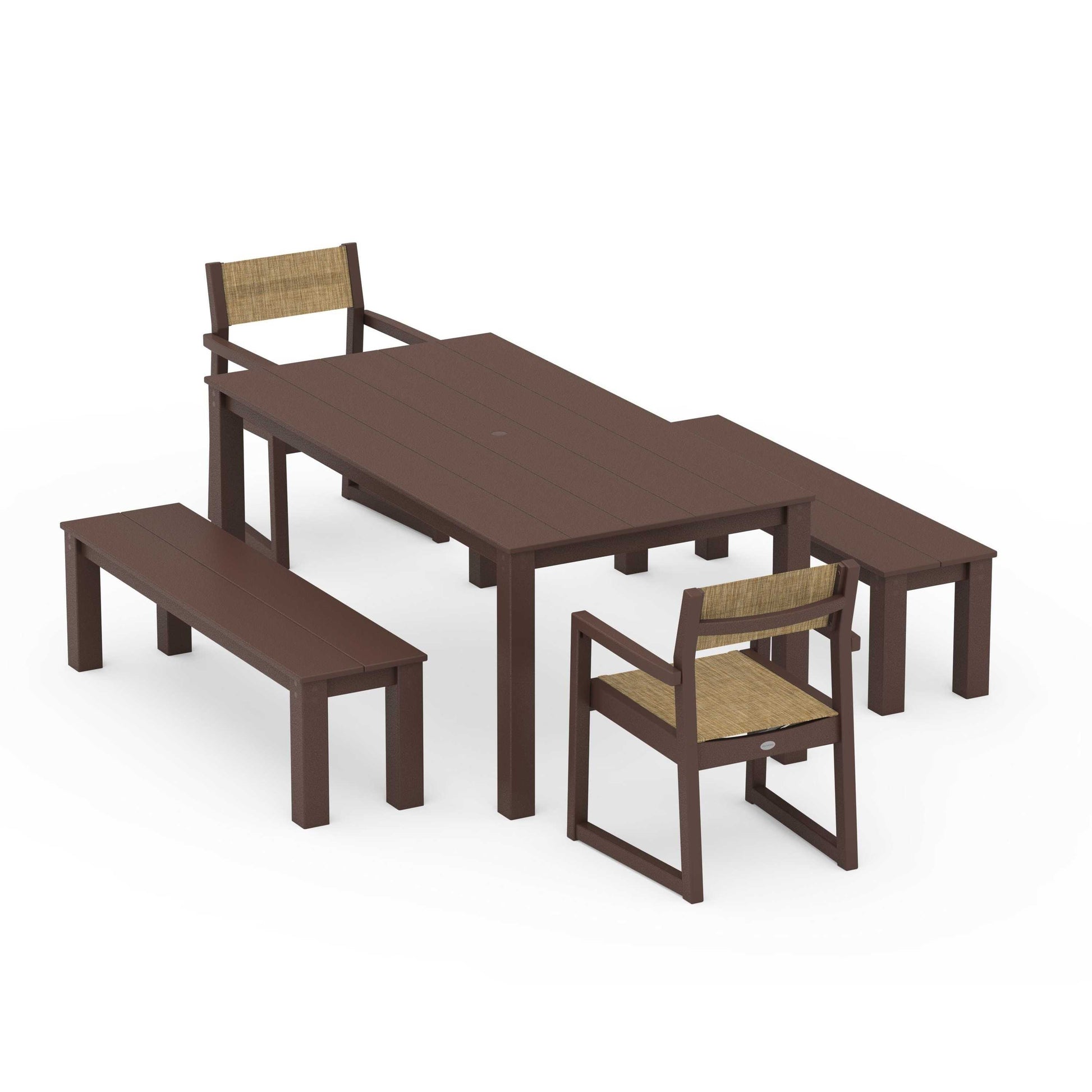 POLYWOOD EDGE Sling Arm Chair 5-Piece Parsons Dining Set with Benches — Mahogany / Burlap Sling