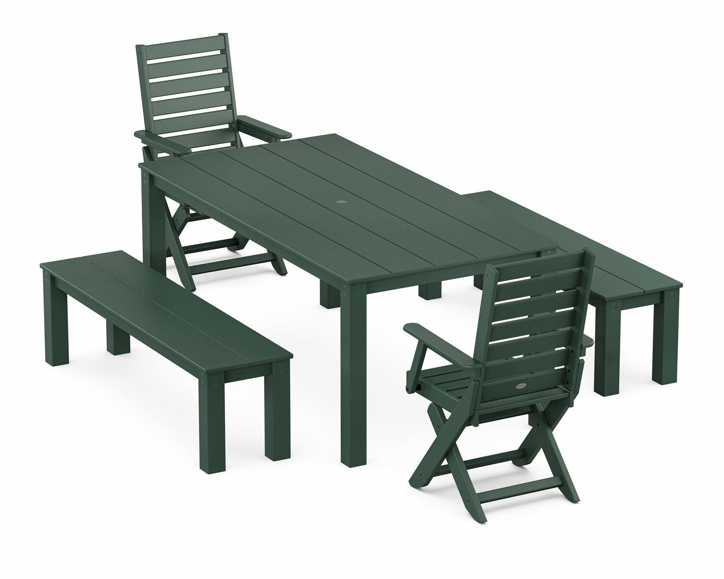 POLYWOOD Captain Folding Chair 5-Piece Parsons Dining Set with Benches — Green