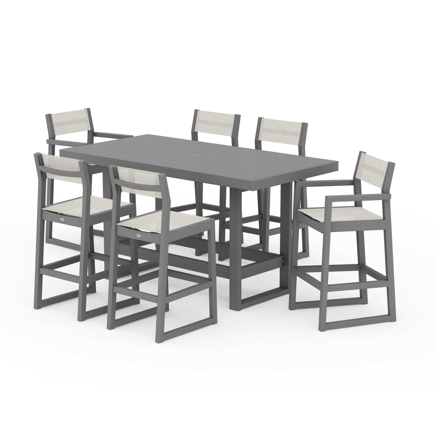 POLYWOOD EDGE Sling 7-Piece Bar Table Set — Slate Grey / Parchment Sling