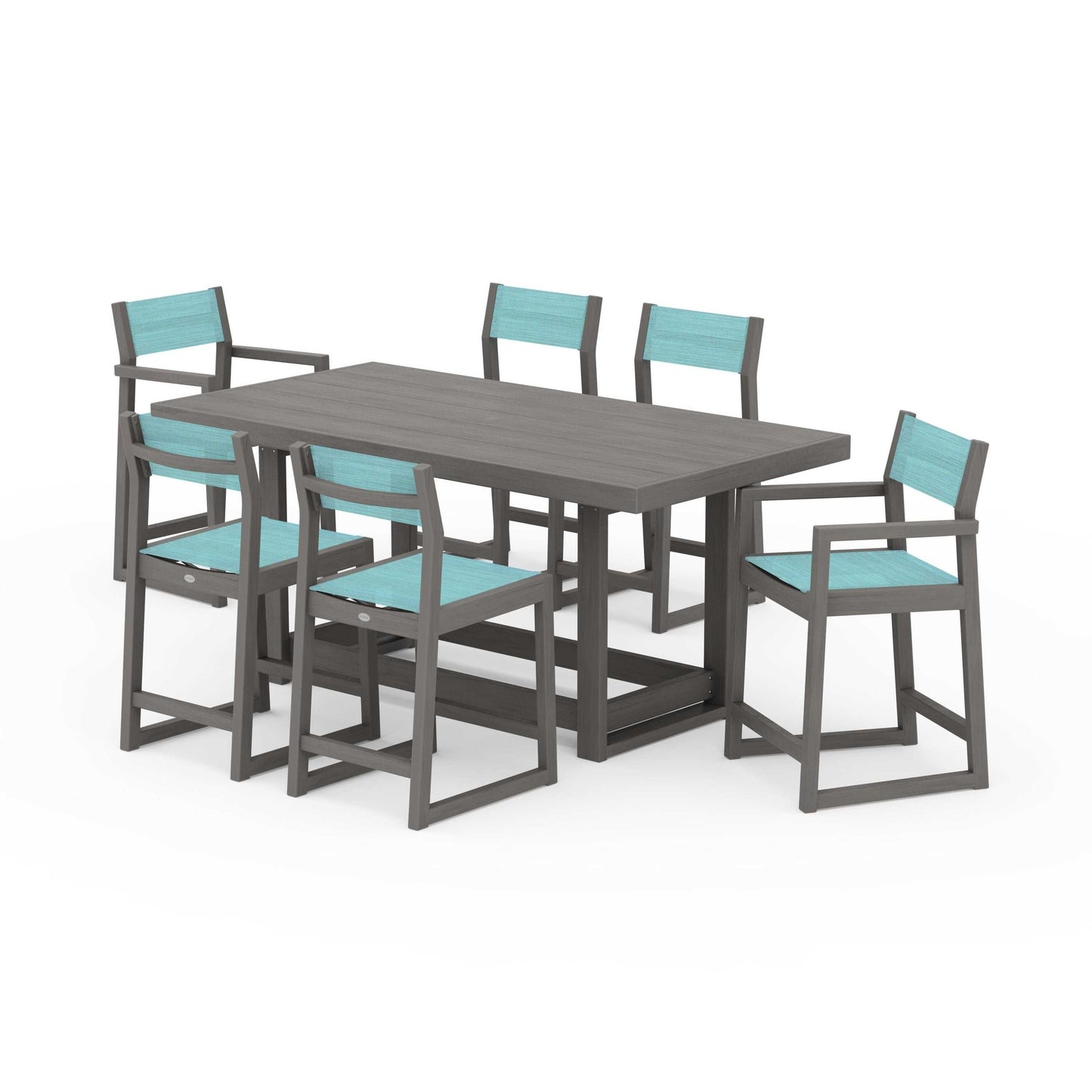 POLYWOOD EDGE Sling 7-Piece Counter Table Set — Driftwood / Dupioni Aquamarine Sling