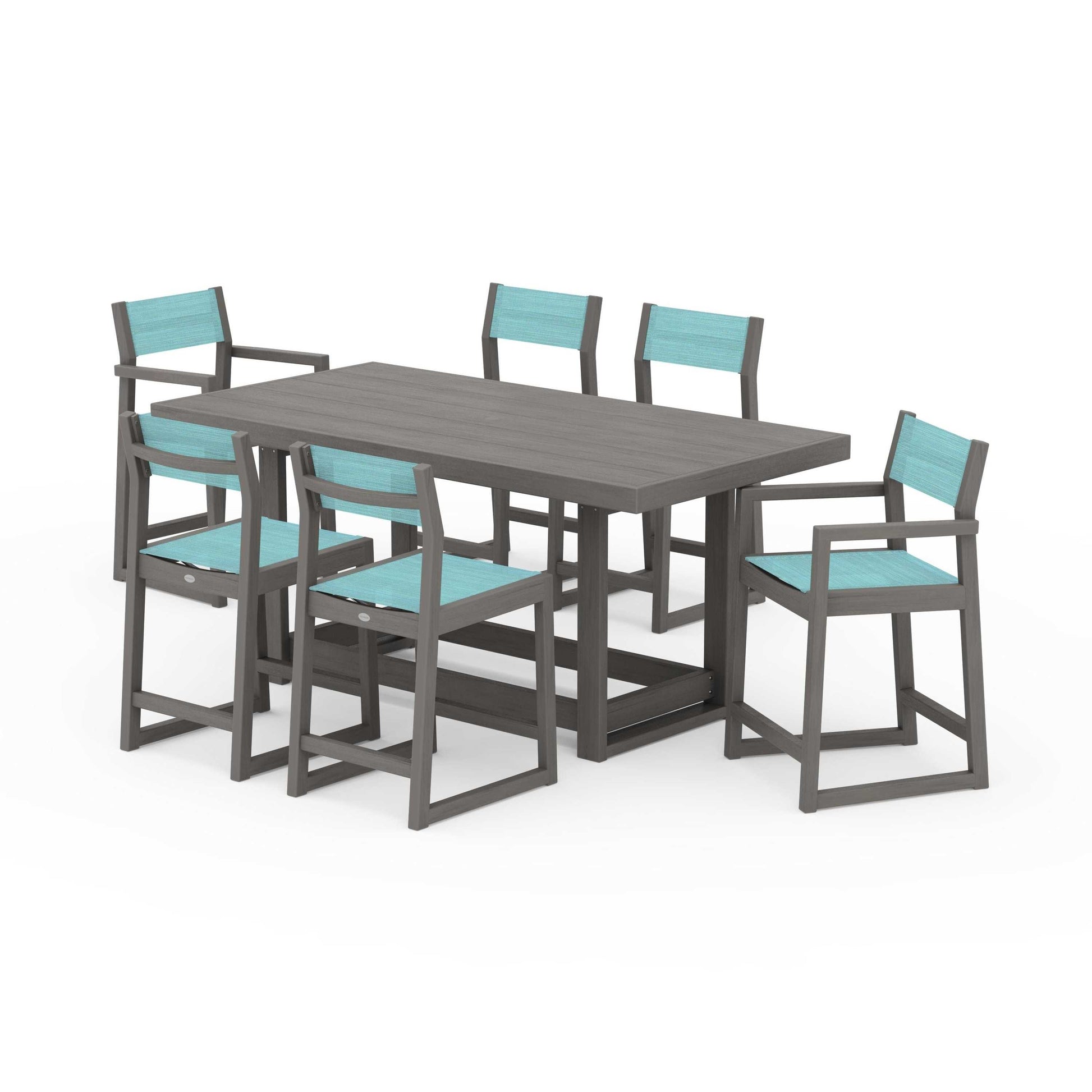 POLYWOOD EDGE Sling 7-Piece Counter Table Set — Driftwood / Dupioni Aquamarine Sling