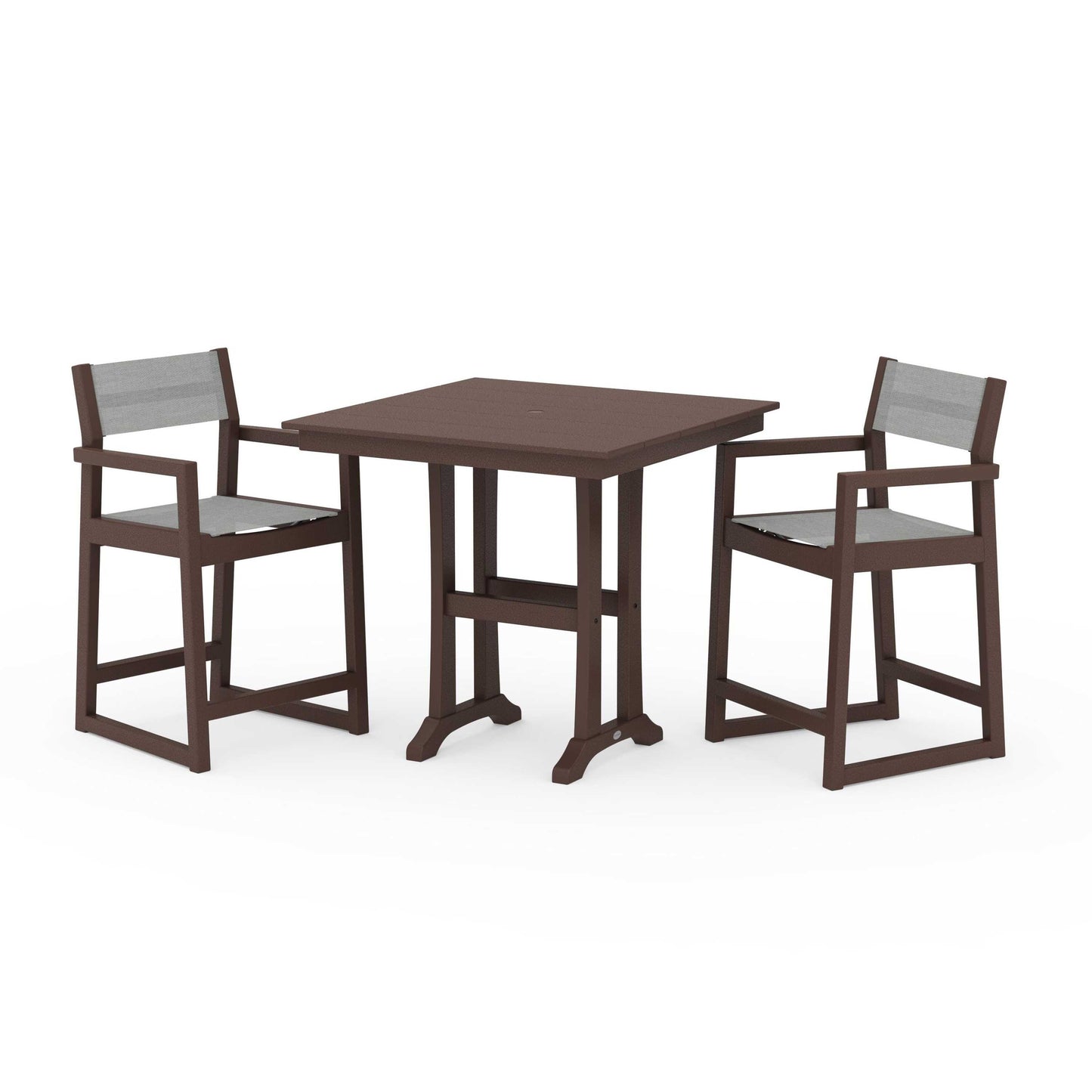 POLYWOOD EDGE Sling Arm Chair 3-Piece Farmhouse Counter Set with Trestle Legs — Mahogany / Metallic Sling