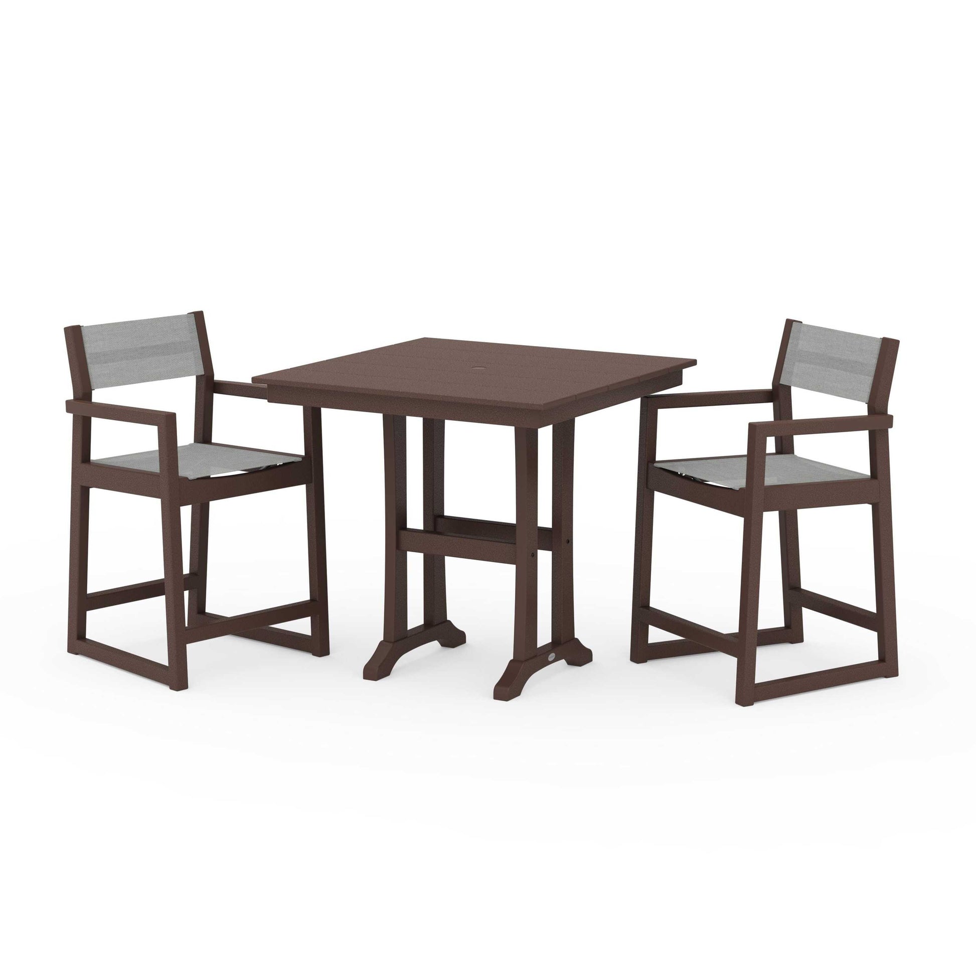 POLYWOOD EDGE Sling Arm Chair 3-Piece Farmhouse Counter Set with Trestle Legs — Mahogany / Metallic Sling