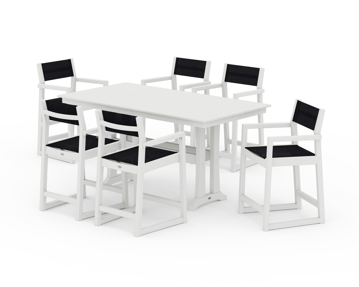 POLYWOOD EDGE Sling Arm Chair 7-Piece Farmhouse Counter Set with Trestle Legs — Vintage White / Black Sling