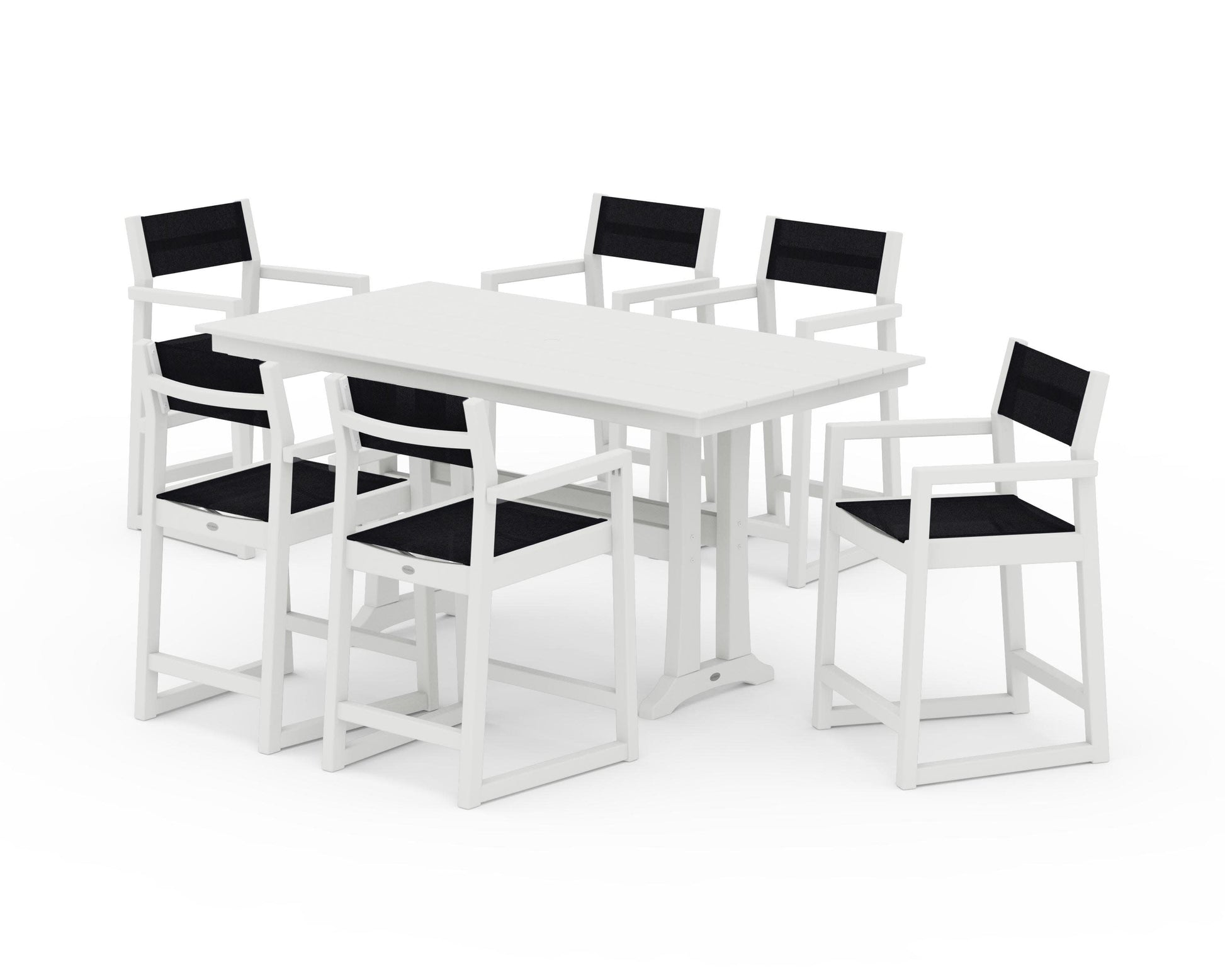 POLYWOOD EDGE Sling Arm Chair 7-Piece Farmhouse Counter Set with Trestle Legs — Vintage White / Black Sling