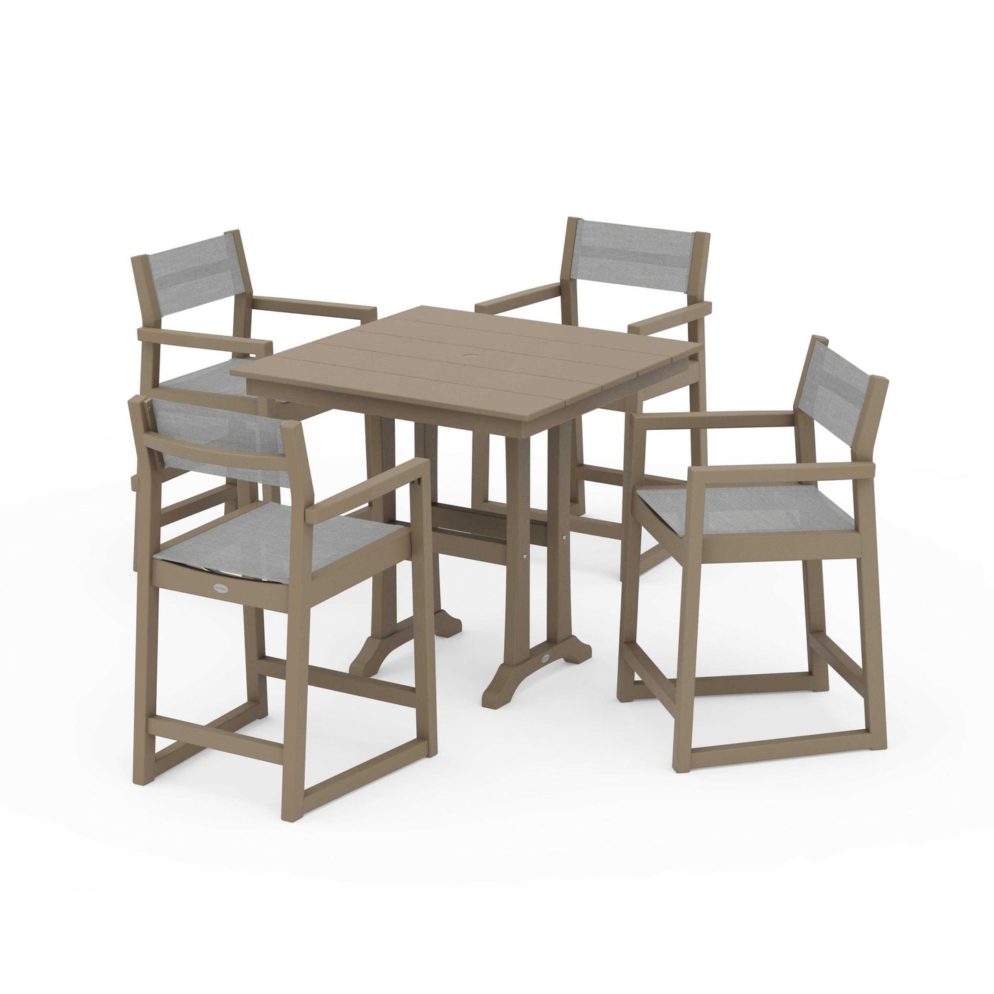 POLYWOOD EDGE Sling Arm Chair 5-Piece Farmhouse Counter Set with Trestle Legs — Vintage Sahara / Metallic Sling