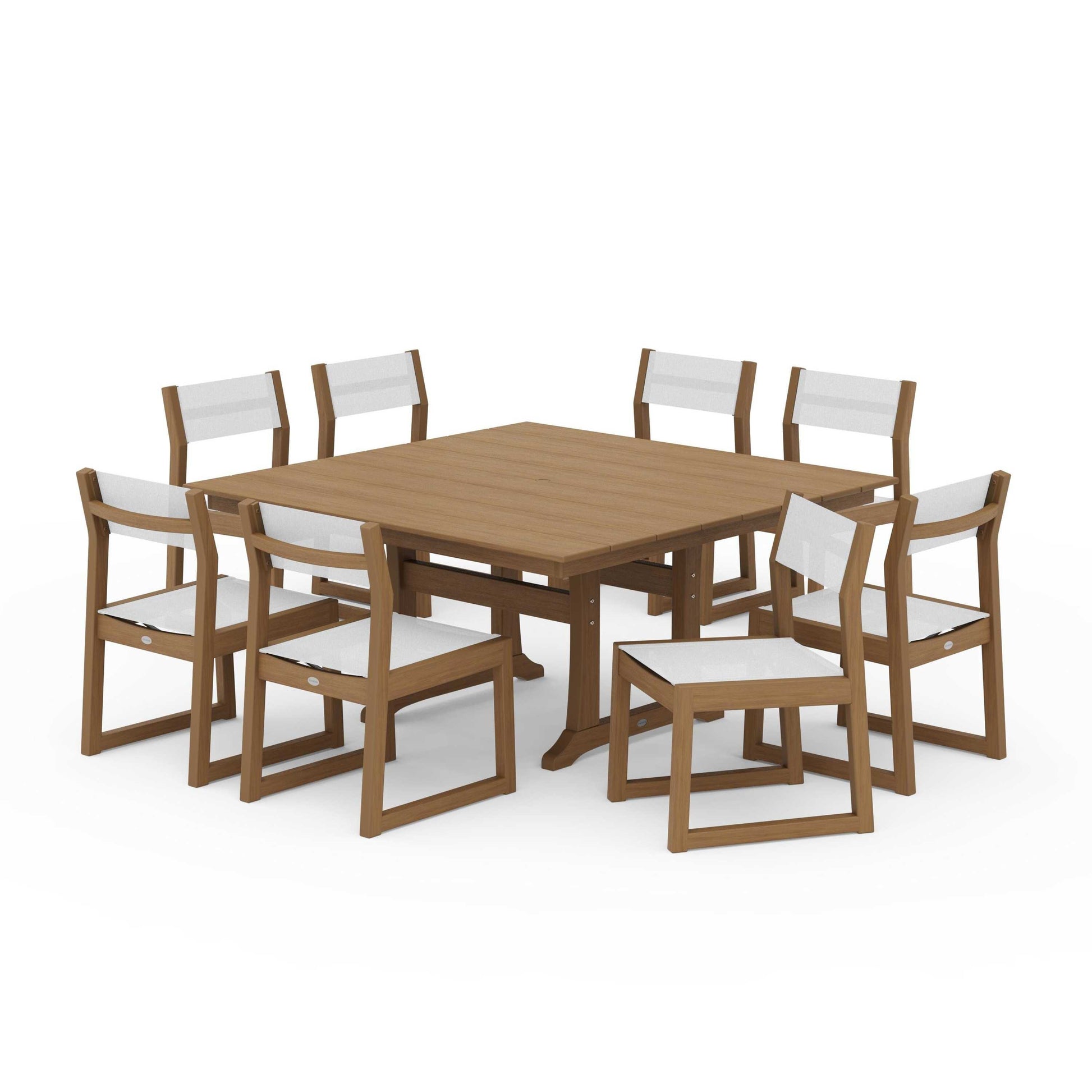 POLYWOOD EDGE Sling Side Chair 9-Piece Farmhouse Trestle Dining Set — Natural / White Sling