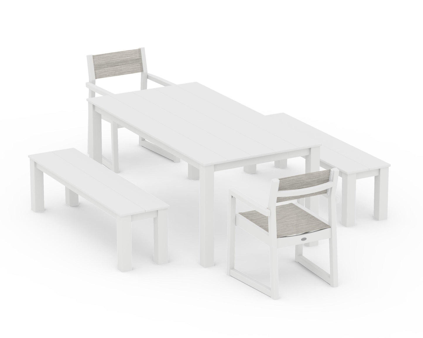 POLYWOOD EDGE Sling Arm Chair 5-Piece Parsons Dining Set with Benches — White / Birch Sling