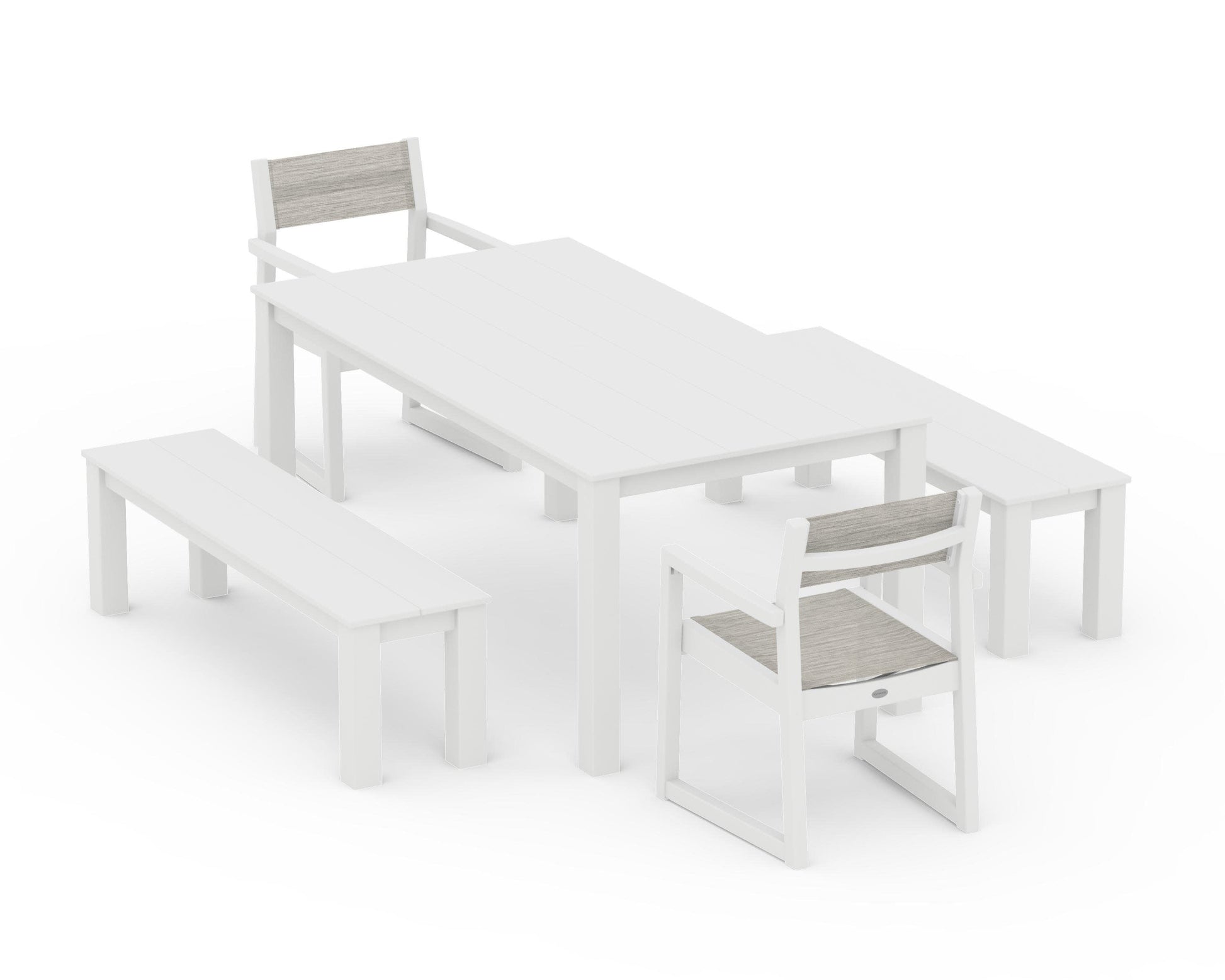 POLYWOOD EDGE Sling Arm Chair 5-Piece Parsons Dining Set with Benches — White / Birch Sling