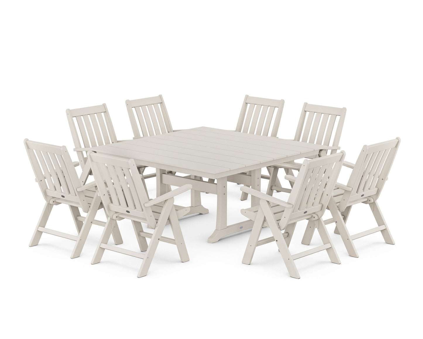 POLYWOOD Vineyard Folding Chair 9-Piece Square Farmhouse Dining Set with Trestle Legs — Sand