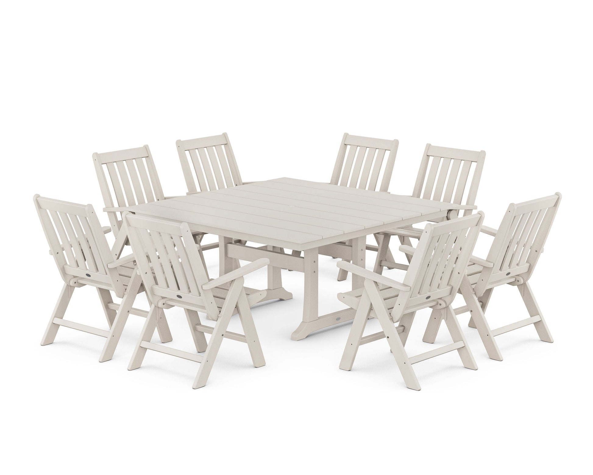 POLYWOOD Vineyard Folding Chair 9-Piece Square Farmhouse Dining Set with Trestle Legs — Sand