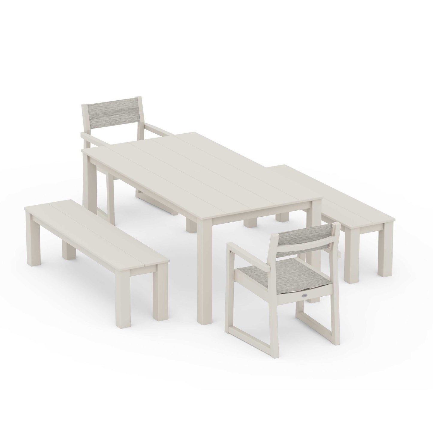 POLYWOOD EDGE Sling Arm Chair 5-Piece Parsons Dining Set with Benches — Sand / Birch Sling