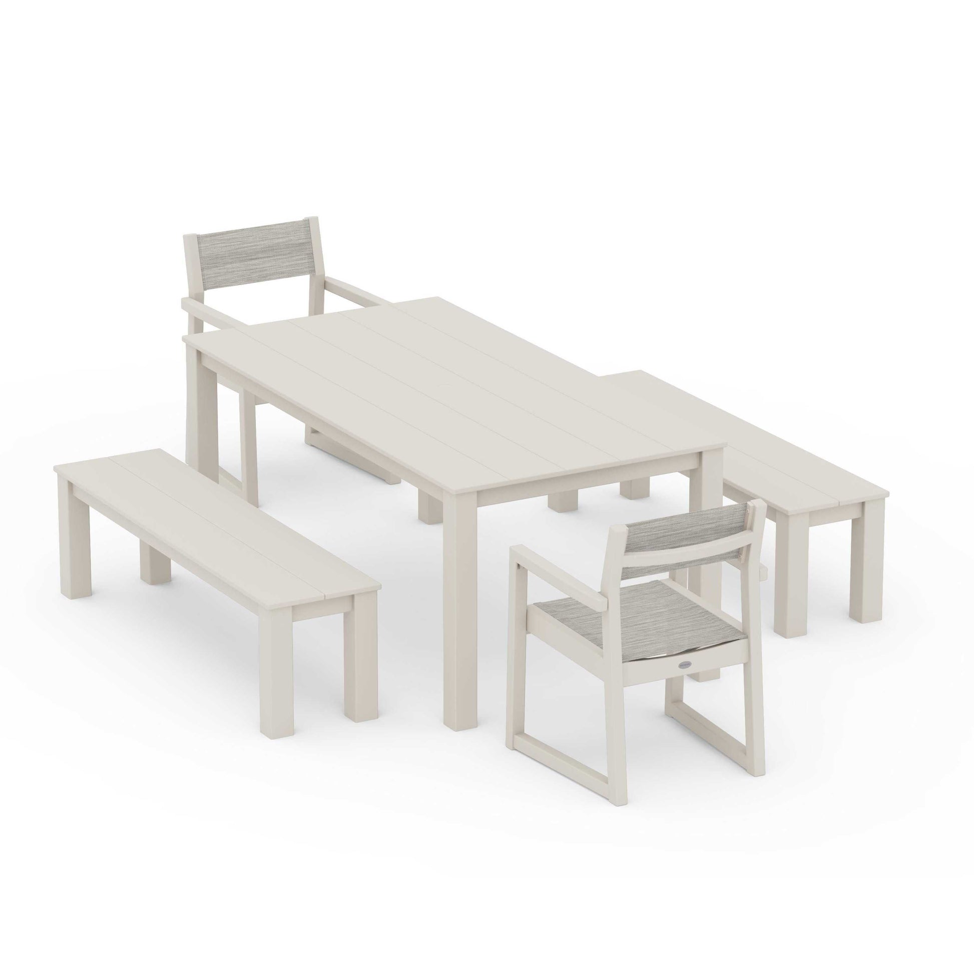 POLYWOOD EDGE Sling Arm Chair 5-Piece Parsons Dining Set with Benches — Sand / Birch Sling
