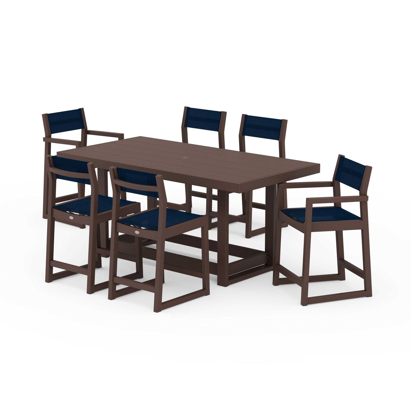 POLYWOOD EDGE Sling 7-Piece Counter Table Set — Mahogany / Navy Blue Sling