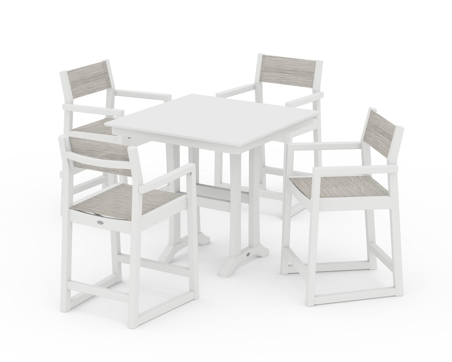 POLYWOOD EDGE Sling Arm Chair 5-Piece Farmhouse Counter Set with Trestle Legs — White / Birch Sling