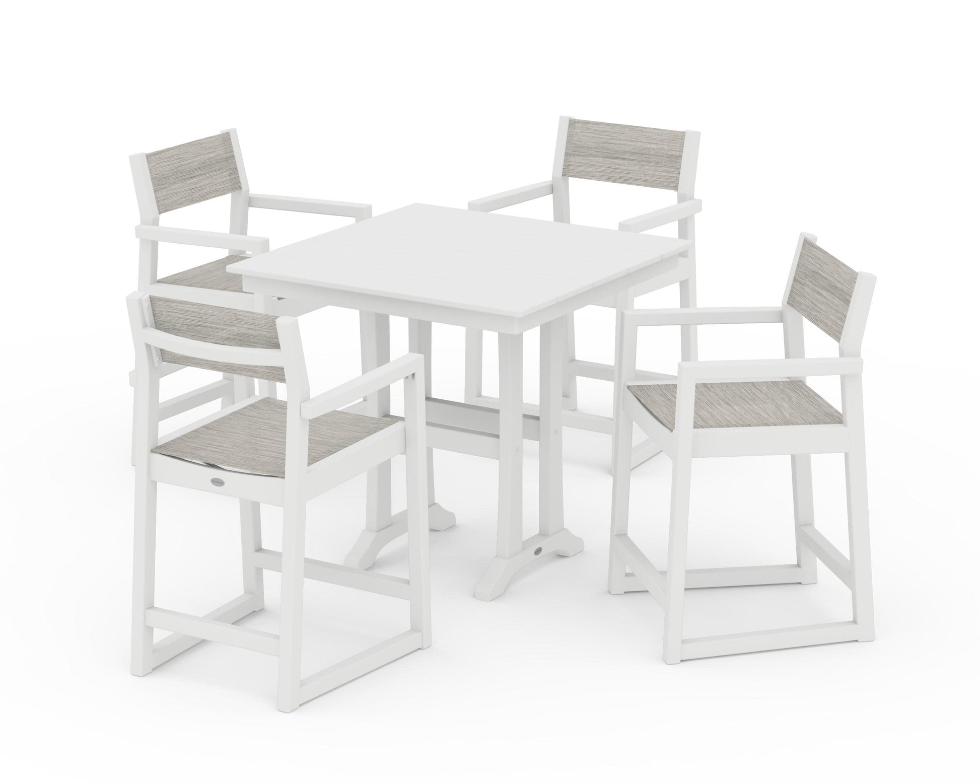 POLYWOOD EDGE Sling Arm Chair 5-Piece Farmhouse Counter Set with Trestle Legs — White / Birch Sling