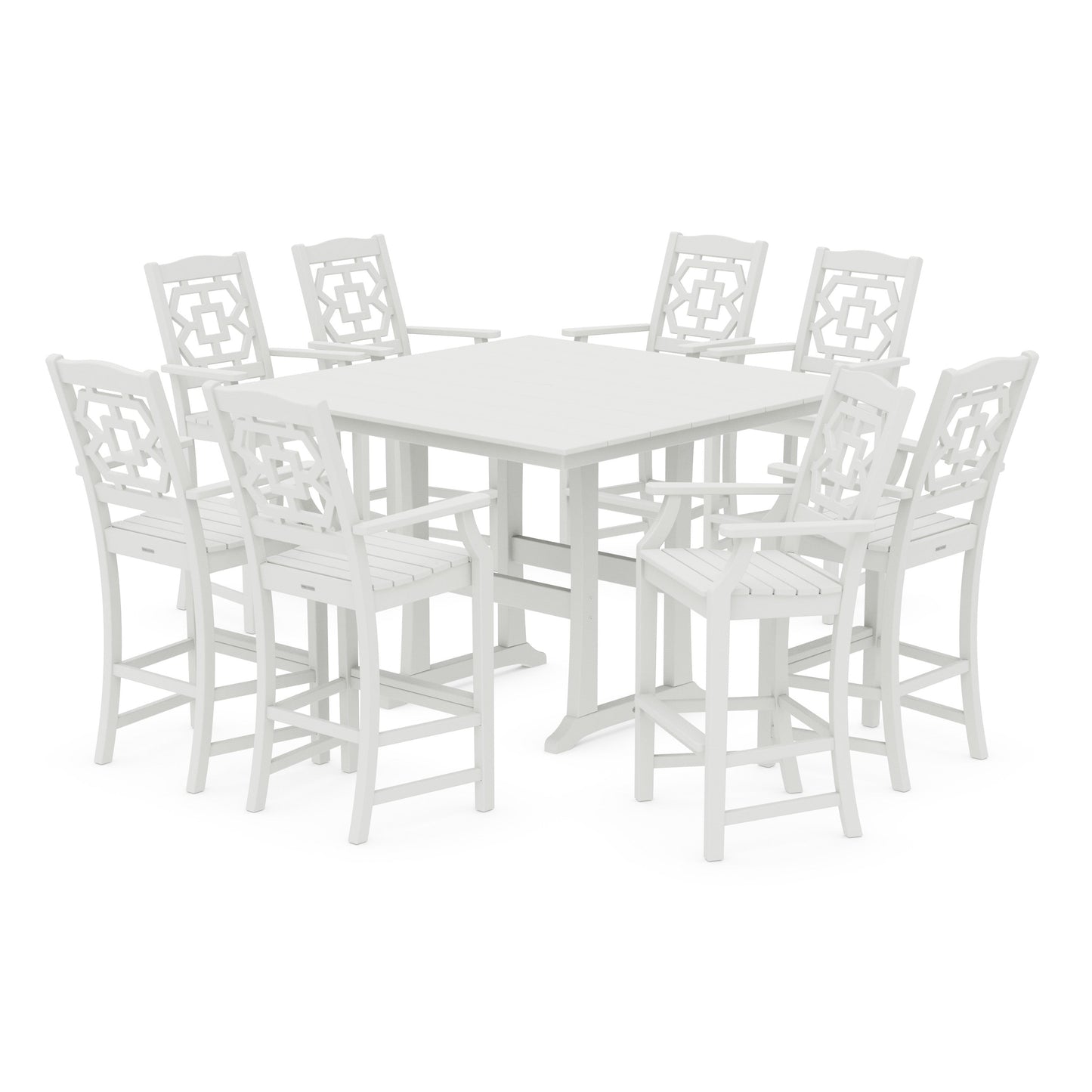 POLYWOOD Chinoiserie 9-Piece Square Farmhouse Bar Set with Trestle Legs — Vintage White
