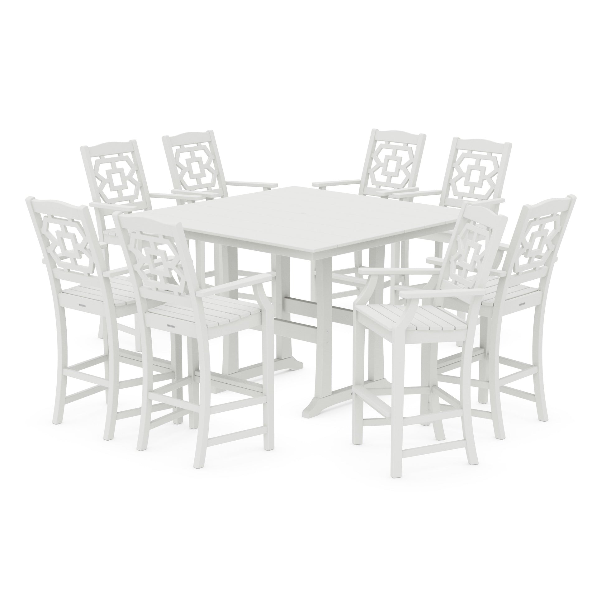 POLYWOOD Chinoiserie 9-Piece Square Farmhouse Bar Set with Trestle Legs — Vintage White