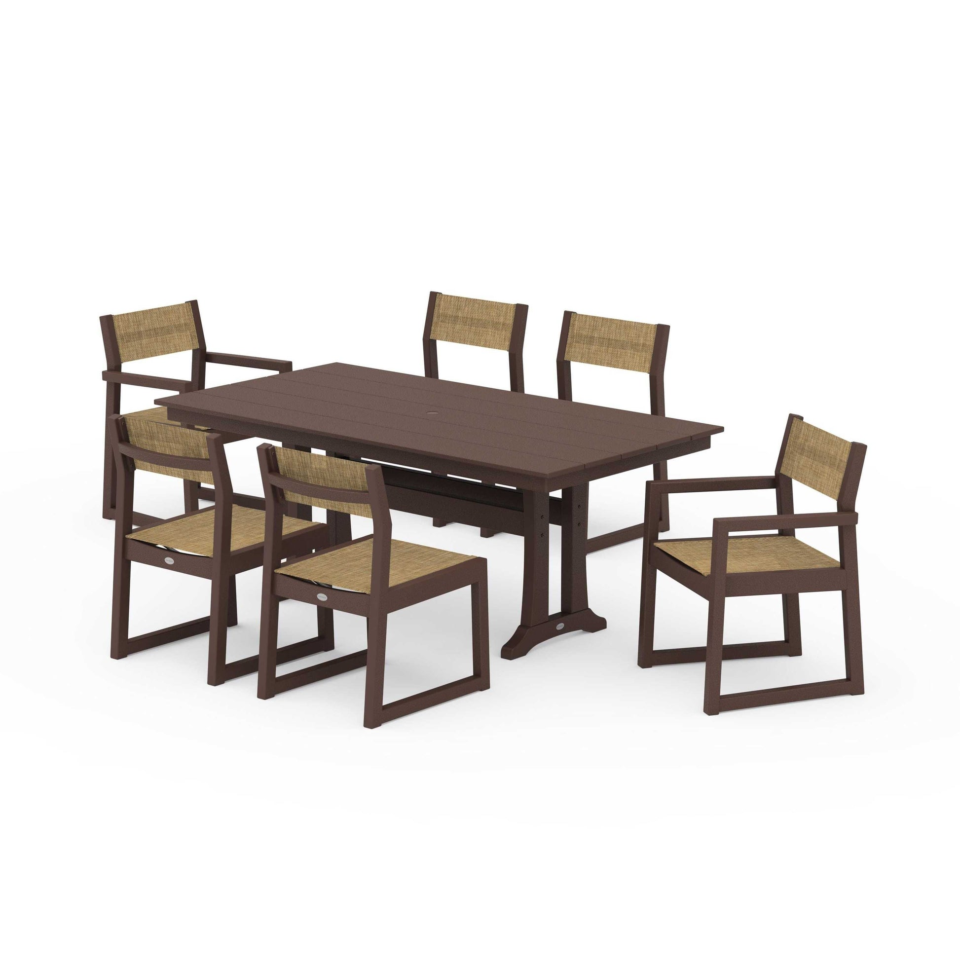 POLYWOOD EDGE Sling 7-Piece Farmhouse Trestle Dining Set — Mahogany / Burlap Sling