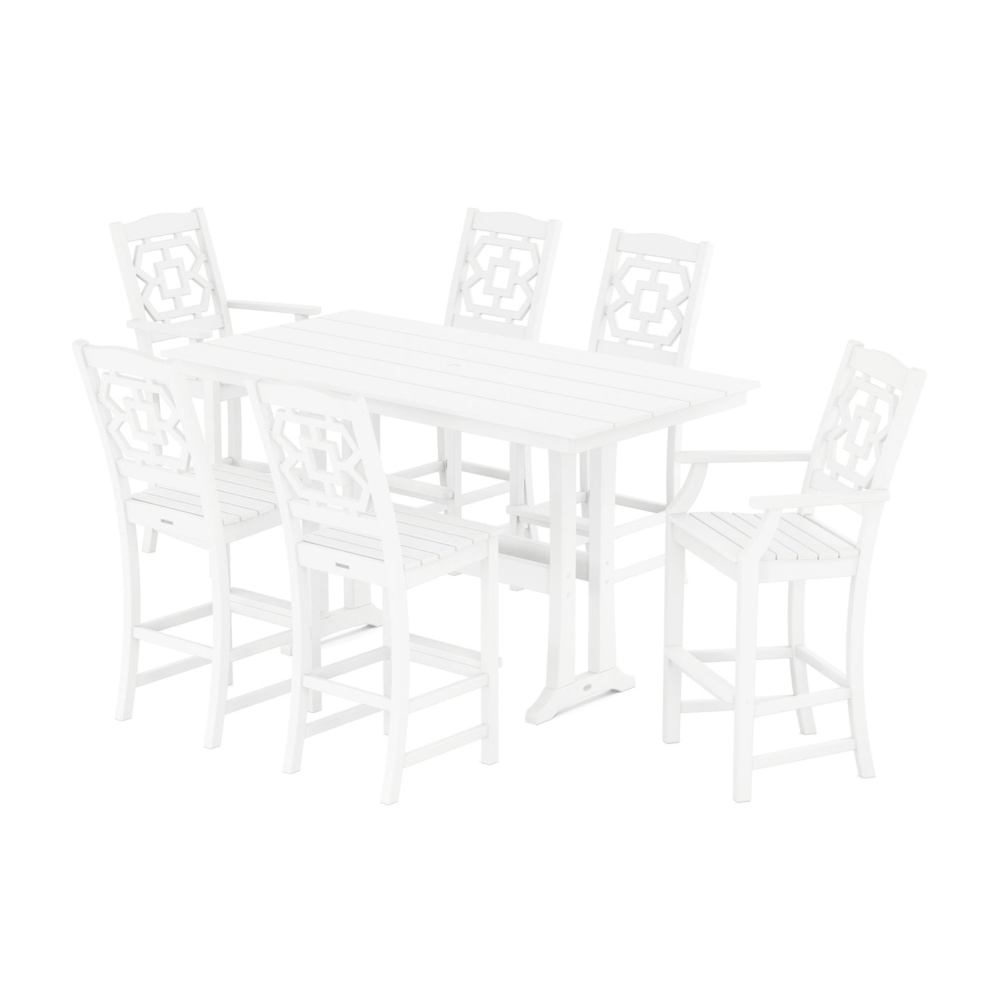 POLYWOOD Chinoiserie 7-Piece Farmhouse Bar Set with Trestle Legs — White