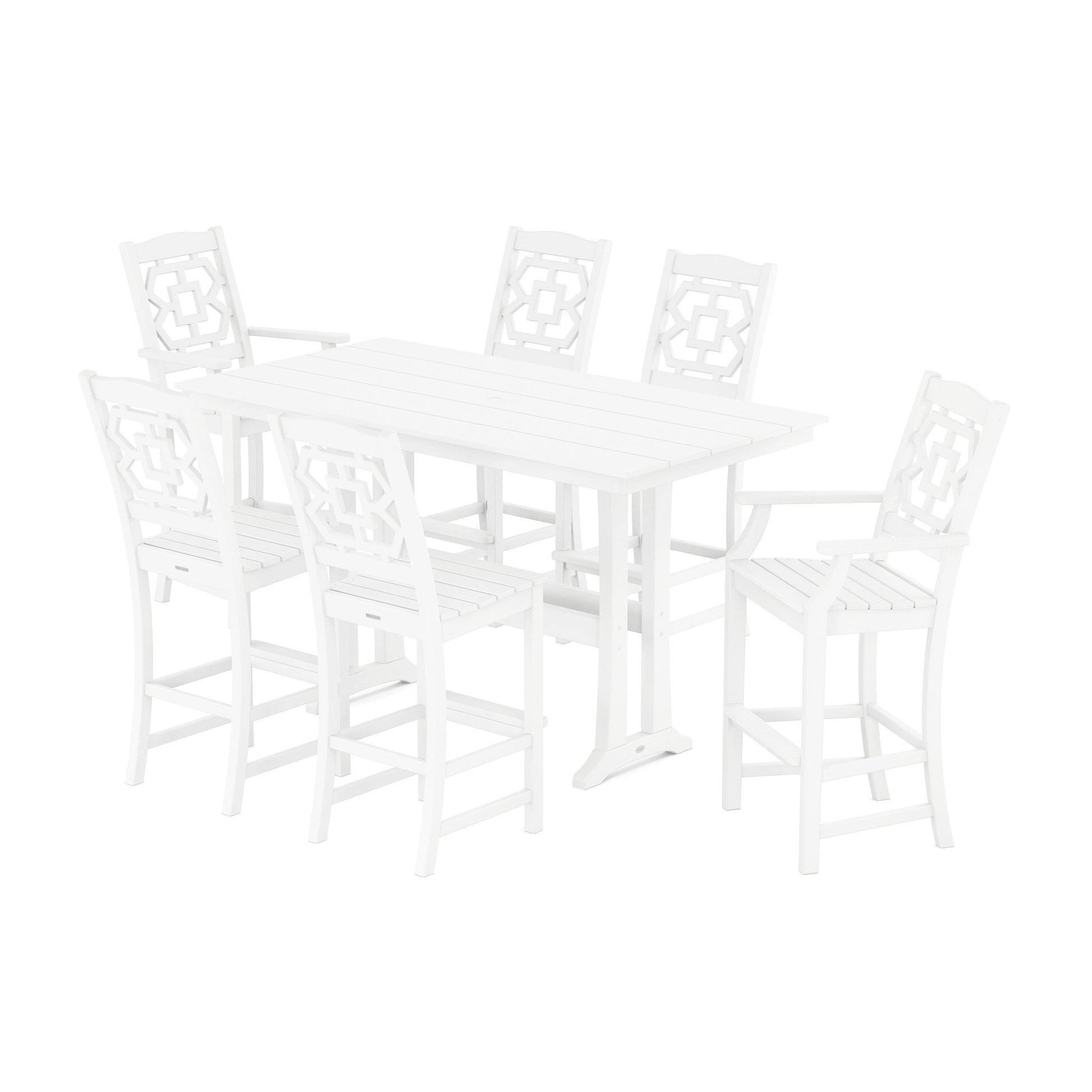 POLYWOOD Chinoiserie 7-Piece Farmhouse Bar Set with Trestle Legs — White