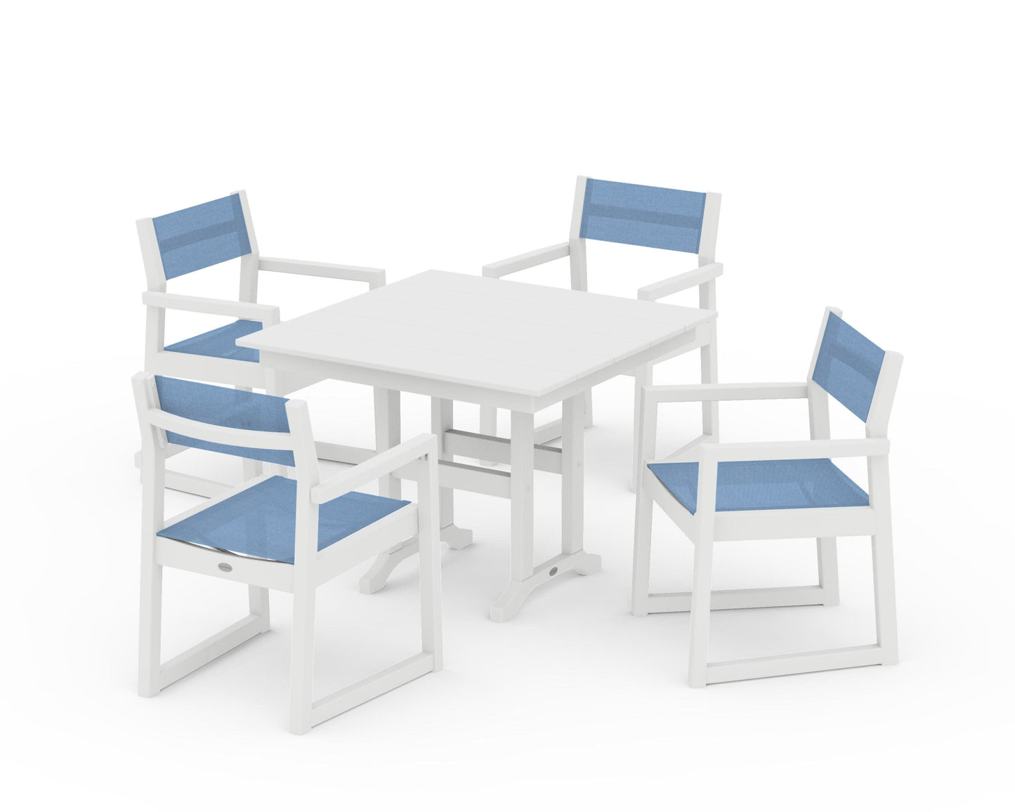 POLYWOOD EDGE Sling Arm Chair 5-Piece Farmhouse Dining Set — White / Poolside Sling