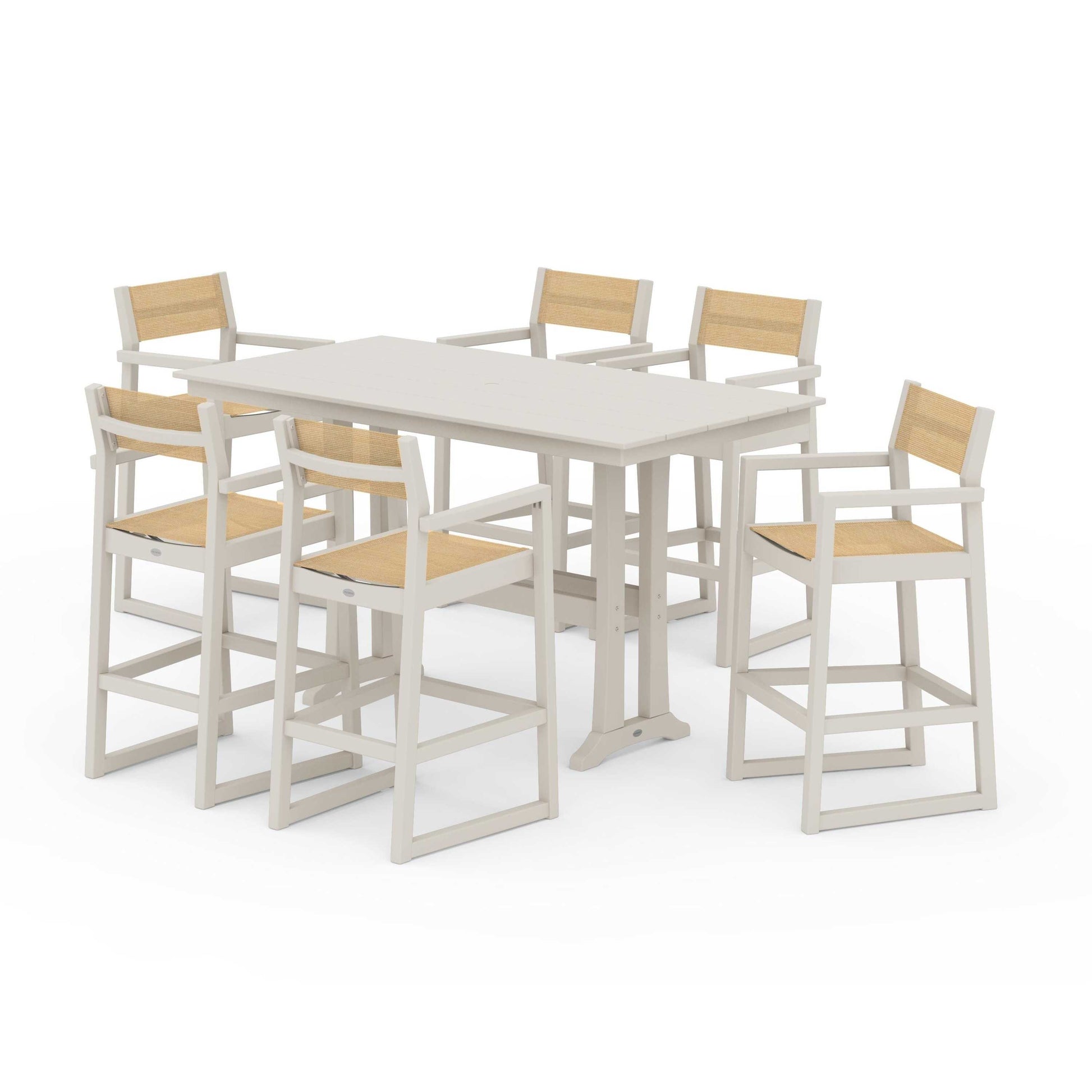 POLYWOOD EDGE Sling Arm Chair 7-Piece Farmhouse Bar Set with Trestle Legs — Sand / Dupioni Apricot Sling