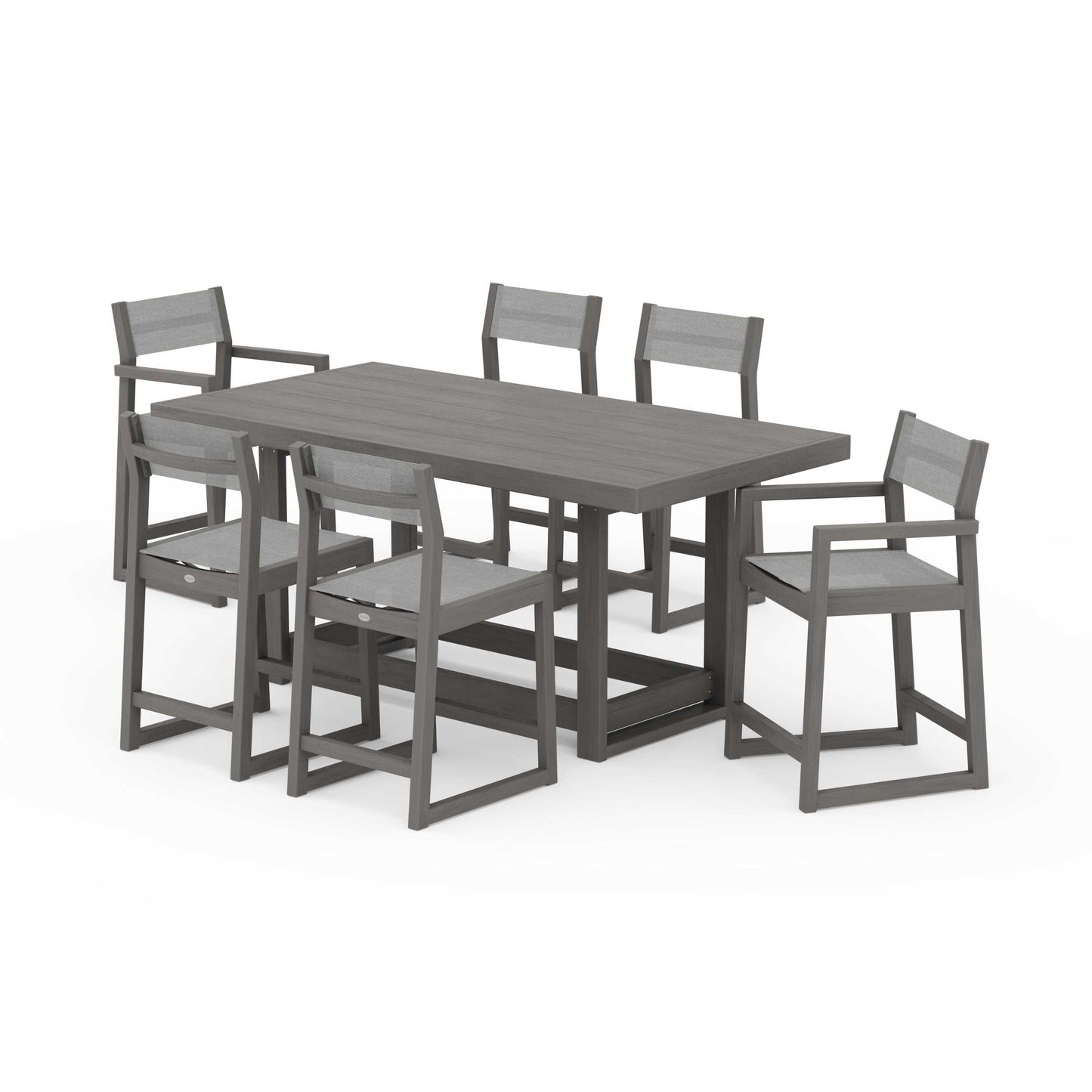 POLYWOOD EDGE Sling 7-Piece Counter Table Set — Driftwood / Metallic Sling