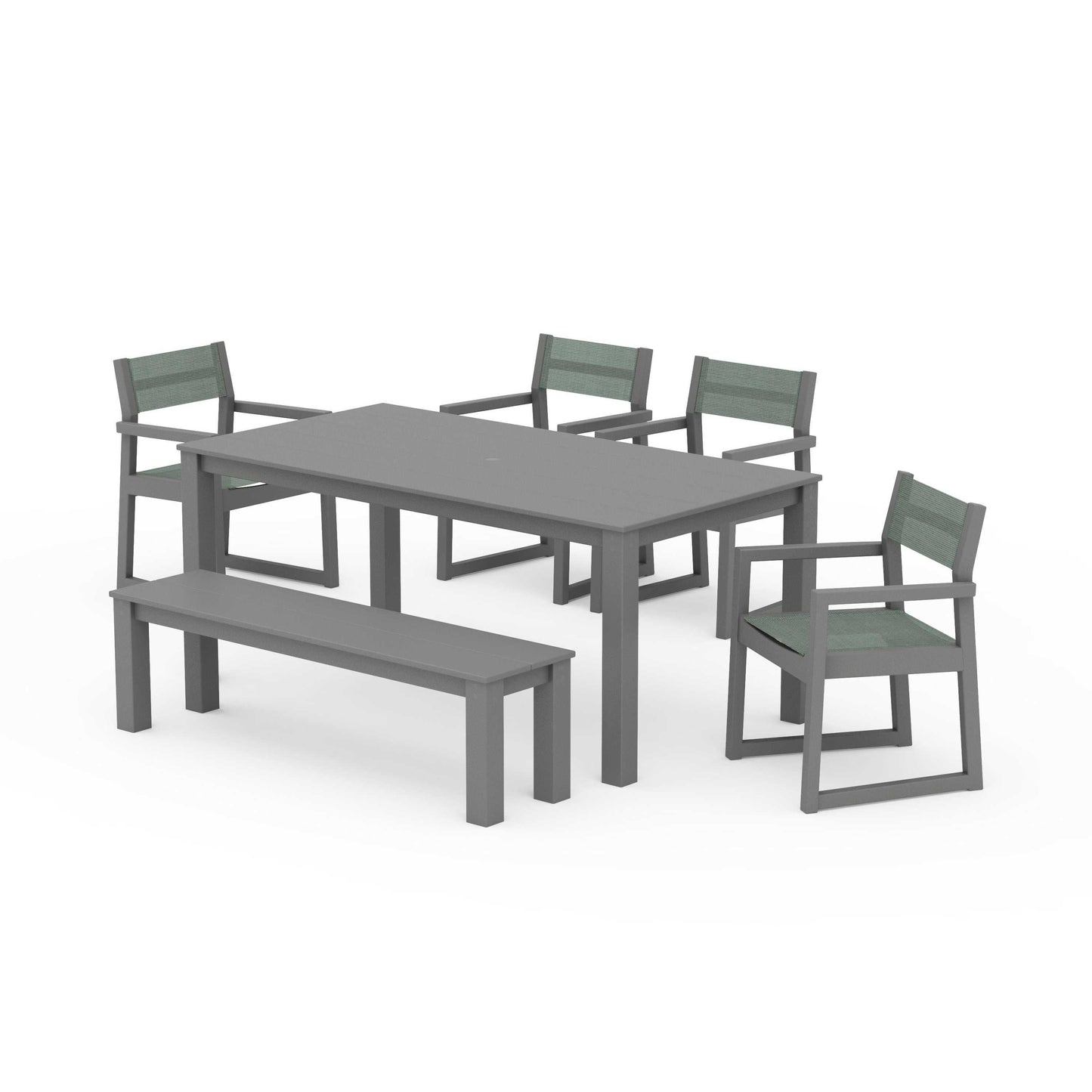 POLYWOOD EDGE Sling Arm Chair 6-Piece Parsons Dining Set with Bench — Slate Grey / Dupioni Sea Mist Sling